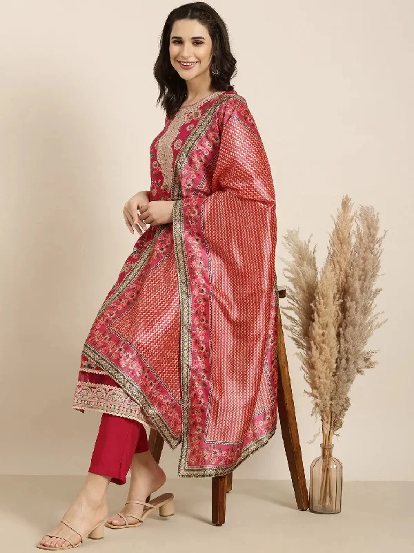 Women Straight Pink Floral Kurta and Trousers Set Comes With Dupatta-GW-4611-Pink Trousers Party Sparkling