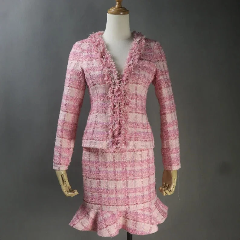 Custom Made Pink Suit Checked Tweed Tassel Fringe Jacket + Fishtail Skirt Suit Jersey Jacket Tulle Jacket Batik Jacket