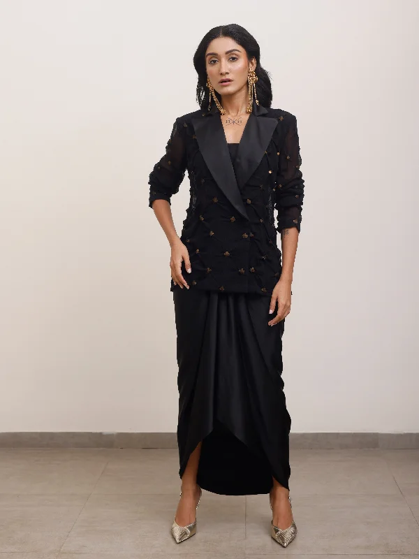 Black Silk Draped Blazer With Crop Top and Skirt Rayon Velvet Corduroy