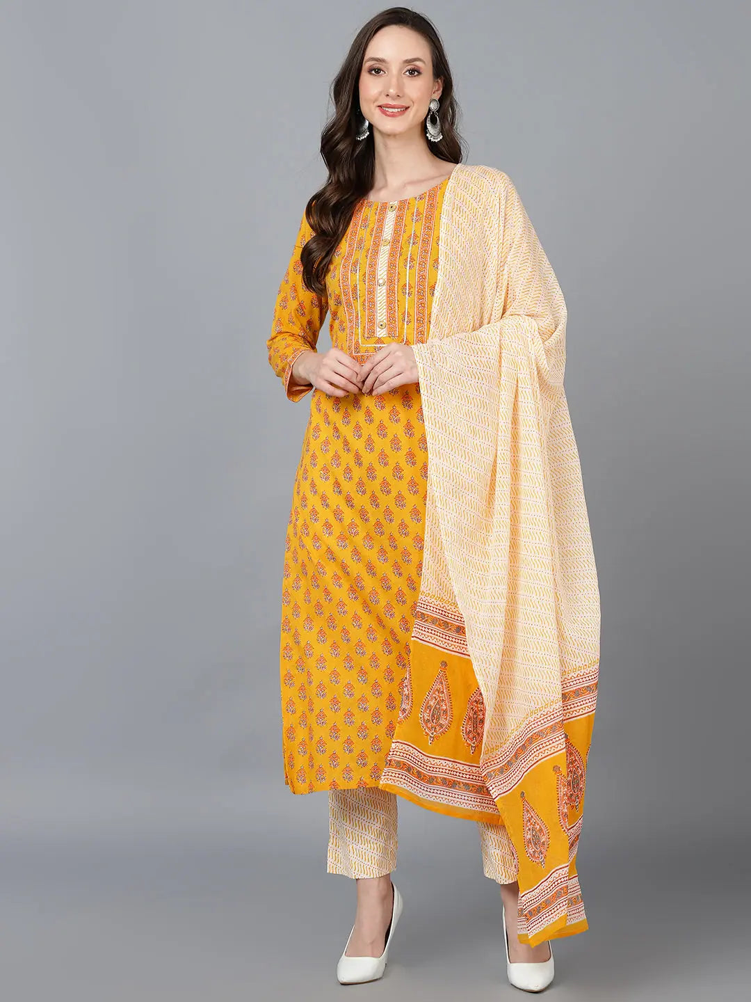 Ahika Women Mustard Pure Cotton Floral Printed Kurta Trousers With Dupatta Trousers cozy soft