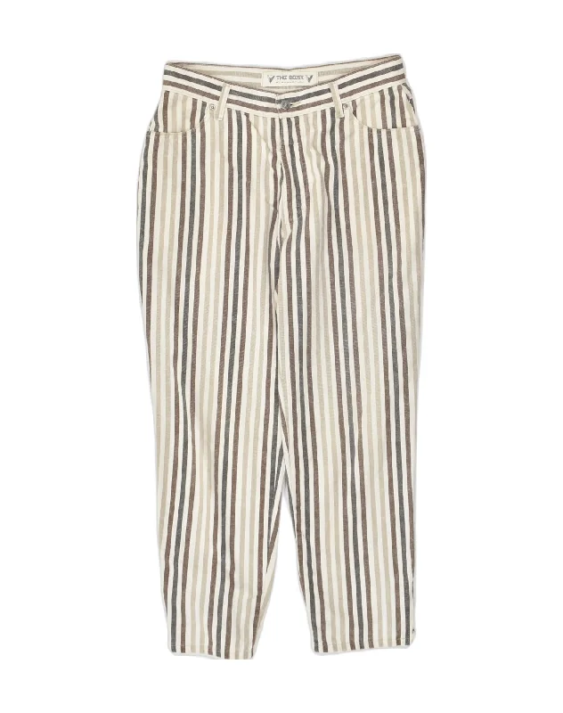 VINTAGE Womens Tapered Casual Trousers W32 L28 Beige Striped Cotton Trousers Trousers Formal