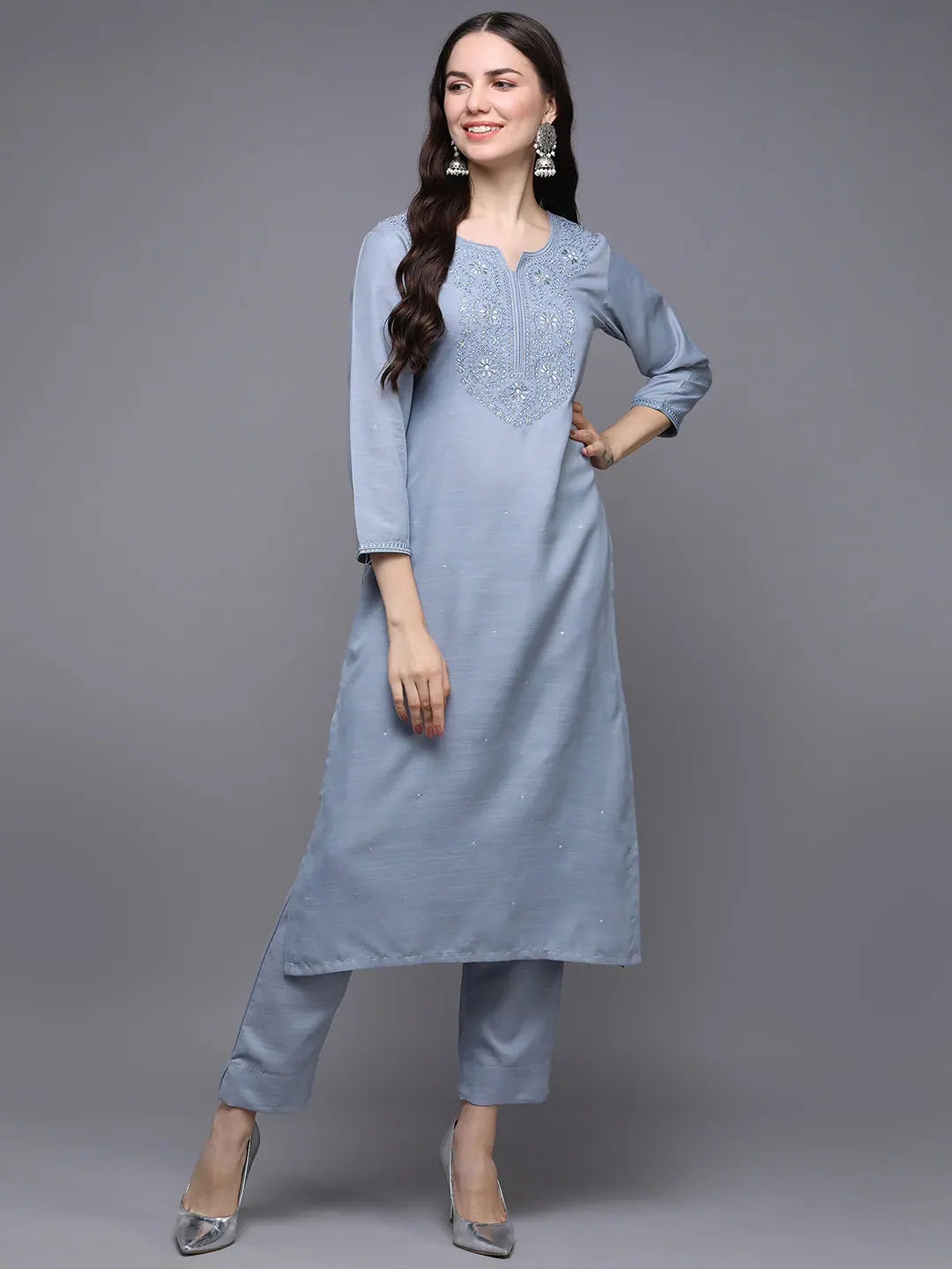 Silk Blend Blue Embroidered Straight Kurta With Trouser-VKSET1449_XS Trousers Sale Discount