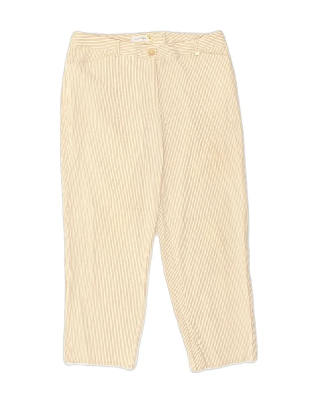 CALVIN KLEIN Womens Tapered Casual Trousers W34 L26 Beige Pinstripe Cotton Trousers Leather Faux