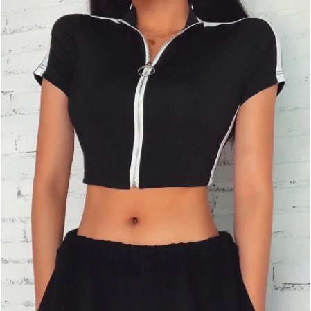 Short Sleeve V-Neck Zipper Crop Top Collared Crew Neck Turtle Neck