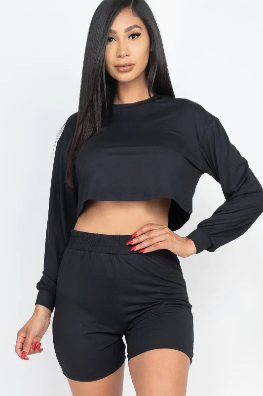 Snug Fit Long Sleeve Crop Top & Shorts Ensemble Casual Formal Business