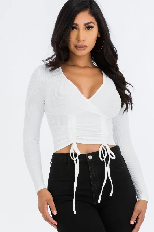 Drawstring Ribbed Long Sleeve Crop Top Print Jacquard Patchwork