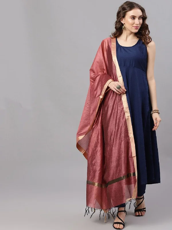 Women's  Navy Blue & Mauve Solid Kurta with Trousers & Dupatta - AKS Trousers fashionable chic