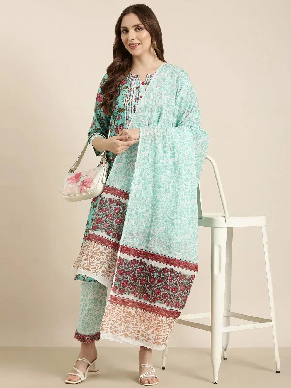 Women Straight Turquoise Blue Floral Kurta and Trousers Set Comes With Dupatta-RJF-030-Turquoiseblue Chinos Cotton Straight Leg