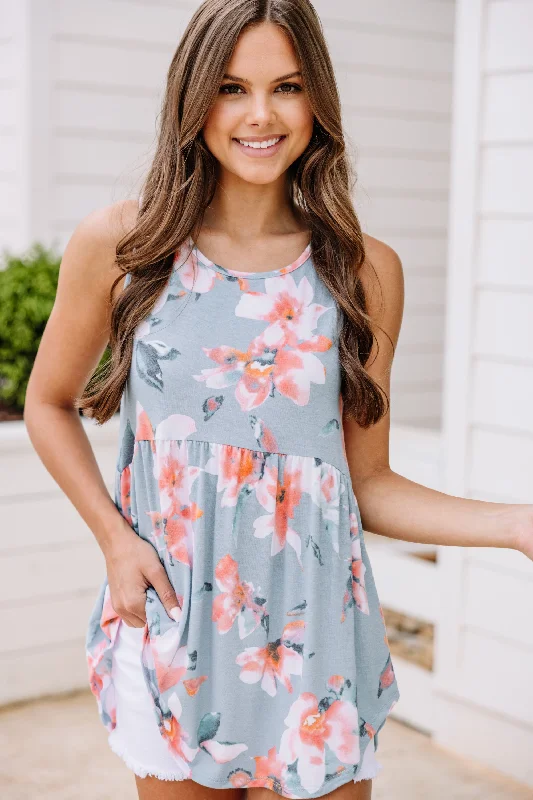 What A Lovely Life Light Blue Floral Tank crew neck tank