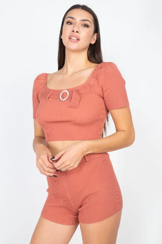 Scoop Neck Crop Top And Ribbed Shorts Handmade Hand-knitted Hand-woven