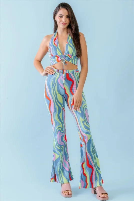 Multicolor Abstract Print Halter V-neck Ruched Open Back Crop Top & High Waist Pants Set Cozy Warm Stylish