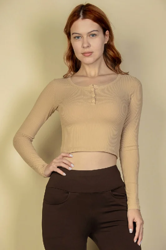 Ribbed Long Sleeve Button-Up Crop Top Notch Collar Peter Pan Collar Cowl Neck