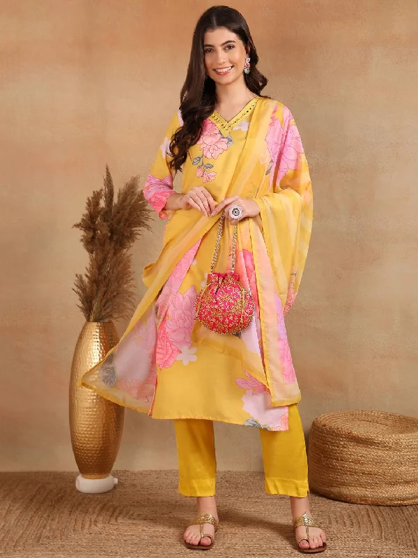 Women's Yellow Cotton Blend Floral Printed Straight Kurta Trouser With Dupatta - Ahika Trousers sophisticated sleek