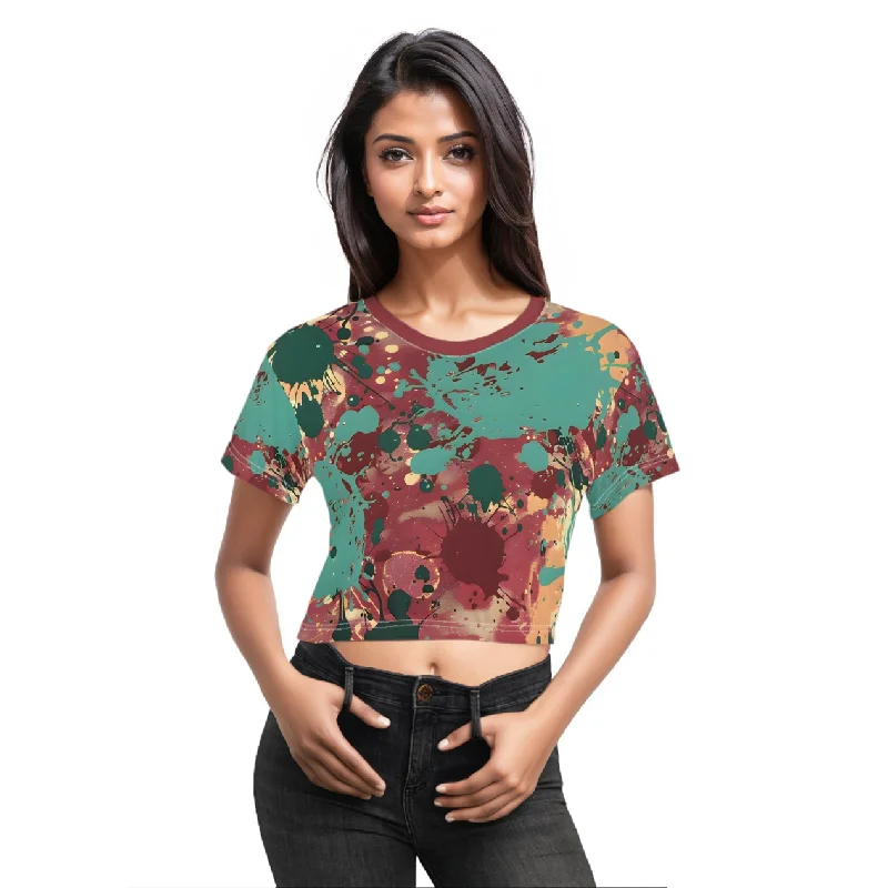 Marsala Peacock Splash Crop Top Tee Thin Crop Top Open Front Quick Dry