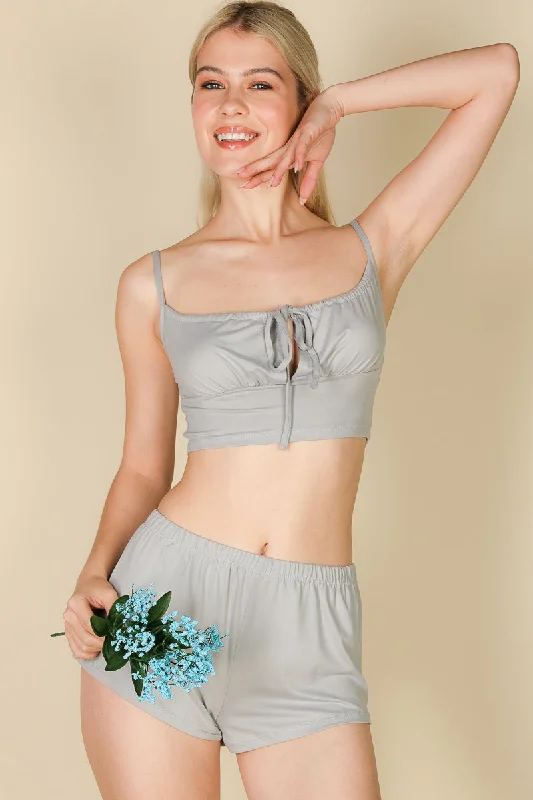 Crop top and shorts set with a tied camisole-style design. Elegant Classic Vintage