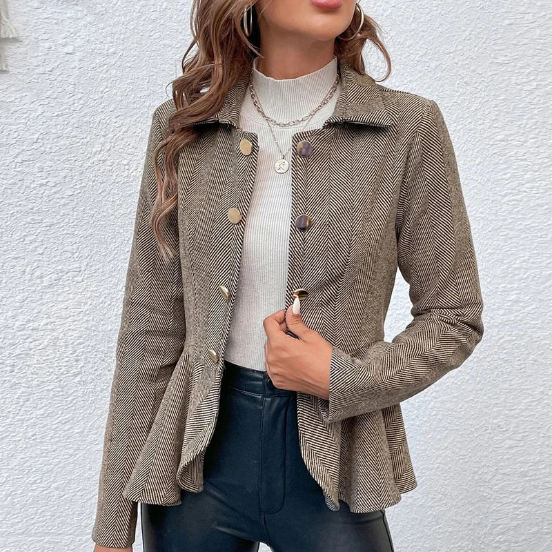 Advbridge Long Sleeve Winter Turn Down Collar Jacket Casual Jacquard Irregular Ruffle Hem Blazer Women Buttoned Slim Autumn Coats s Jacket Blazer Coat