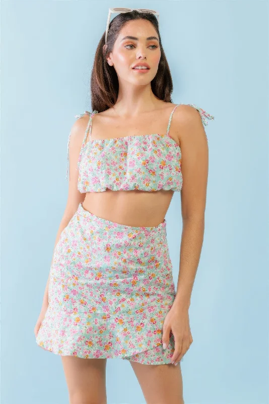 Mint Fuchsia Print Cotton Sleeveless Strappy Crop Top & High Waist Wrap Hem Mini Skirt Set Fashionable Trendy Casual