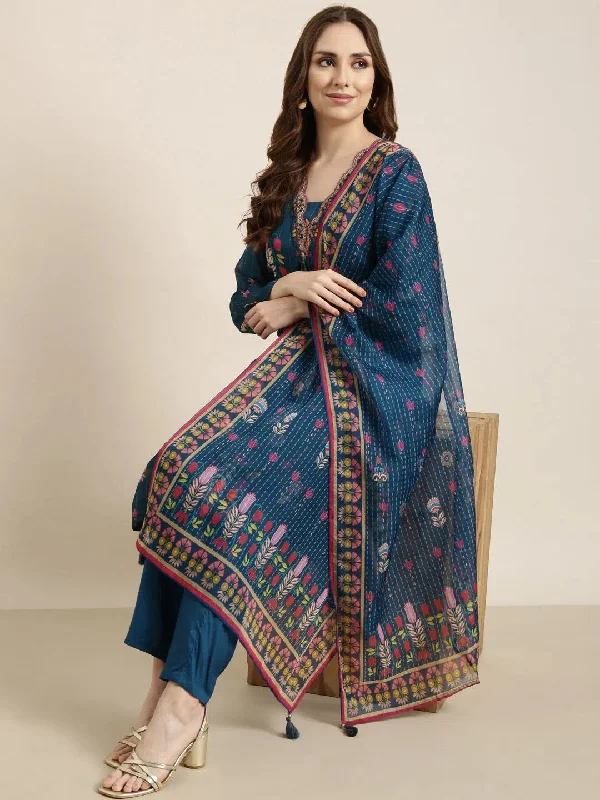 Women Straight Blue Floral Kurta and Trousers Set Comes With Dupatta-GW-4555-Blue Trousers Bootcut Casual