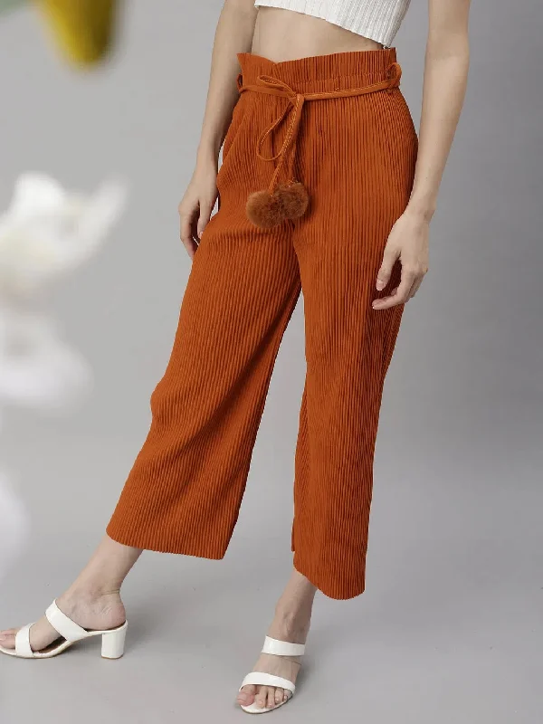 Women's Orange Solid Parallel Trouser-GF-14-Orange Trousers Occasion Special