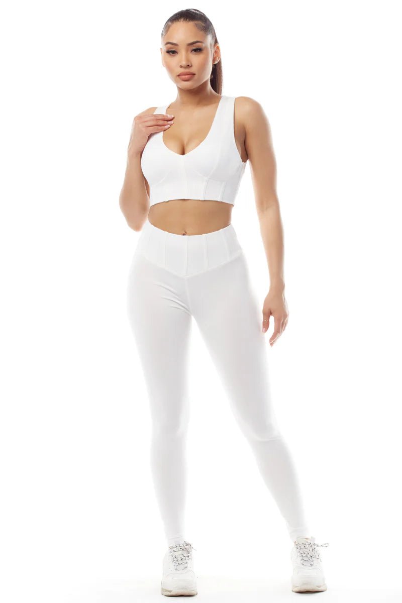 White Activewear Crop Top & Leggings Set Collared Crew Neck Turtle Neck