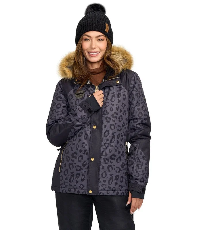 Women's Midnight Leopard Winter Jacket Front Pockets Side Pockets Patch Pockets