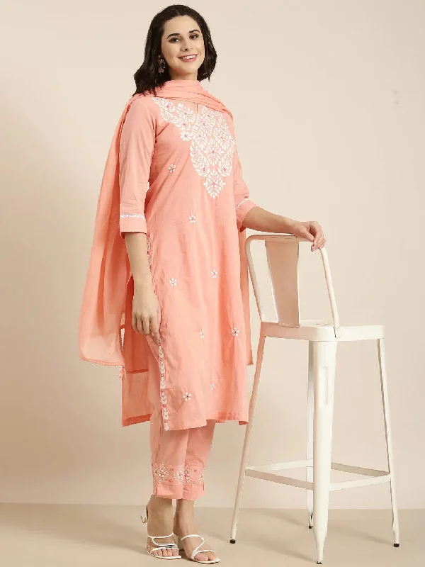 Women Straight Peach Solid Kurta and Trousers Set Comes With Dupatta-AT-KPD-1619-Peach Trousers versatile functional