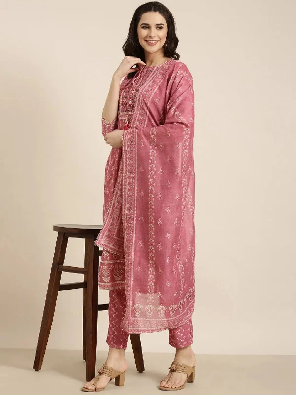 Women Straight Pink Ethnic Motifs Kurta and Trousers Set Comes With Dupatta-TF-DG-246-Pink Trousers Culottes Wide Leg