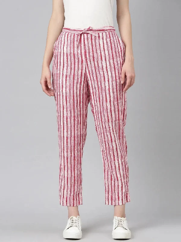 Women White Striped Trouser-BGE-006-Whitepink Trousers Evening Elegant