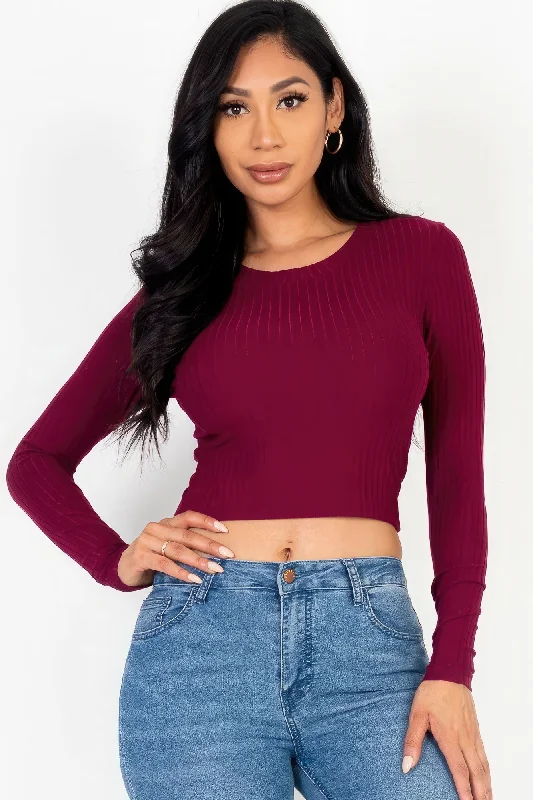 Long Sleeve Round Neck Basic Crop Top Lace Blend Ribbed Blend Corduroy Blend