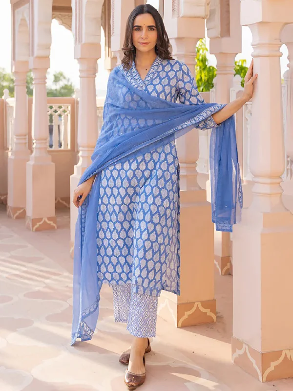 Women's Blue Viscose Rayon Paisley Printed Straight Kurta Trouser With Dupatta - Ahika Trousers stylish elegant