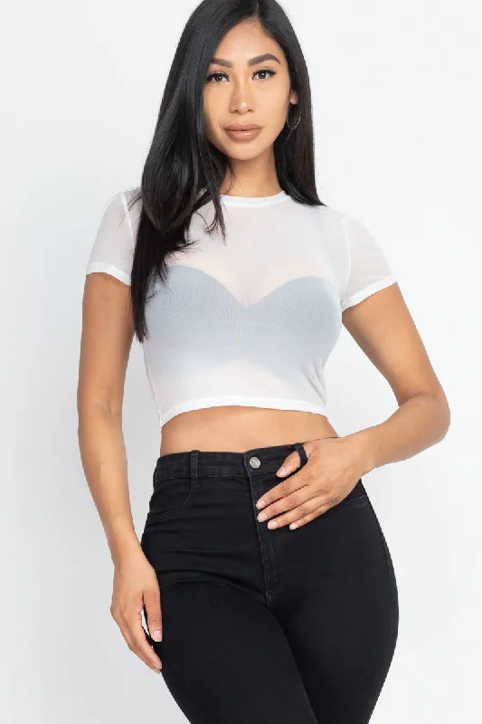 Mesh Sheer Short Sleeve Crop Top Thin Crop Top Open Front Quick Dry