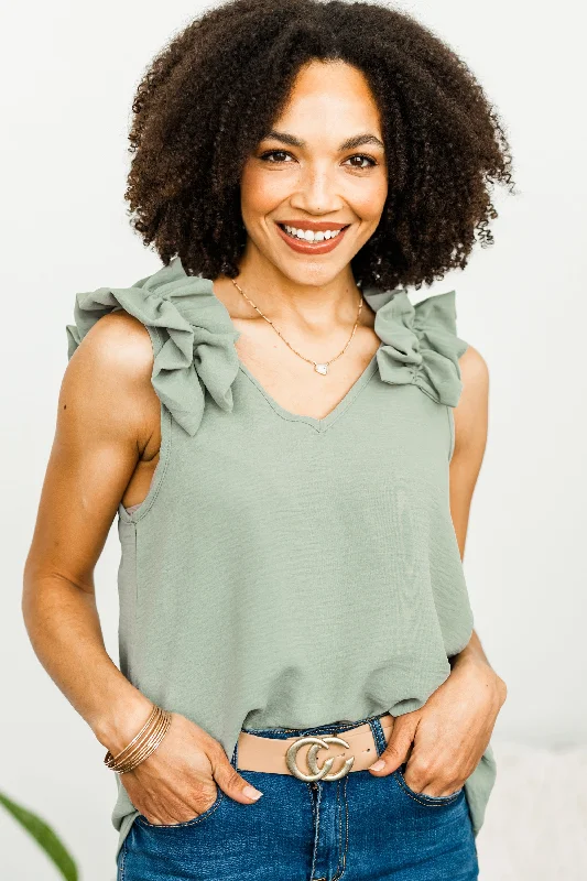 Happy Days Sage Green Ruffled Tank grey tank top