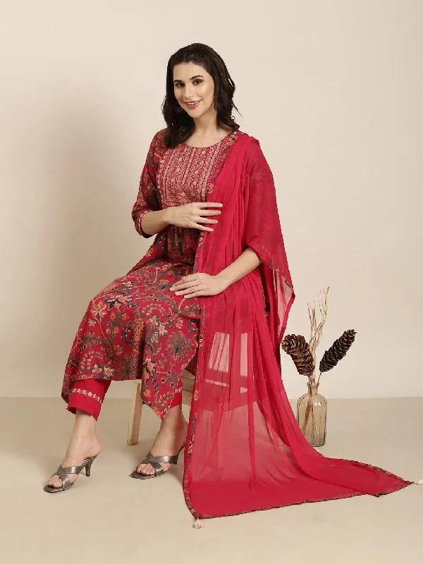 Women A-Line Pink Floral Kurta and Trousers Set Comes With Dupatta-AT-A1224-KPD-Pink Trousers sophisticated sleek