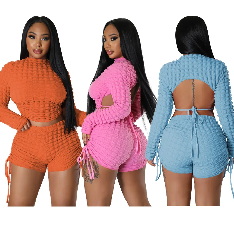 Long Sleeve Backless Crop Tops 2 Piece Short Pants Outfits For Women 2023 Casual Drawstring Short Set Crop Top Seamless Stretchy