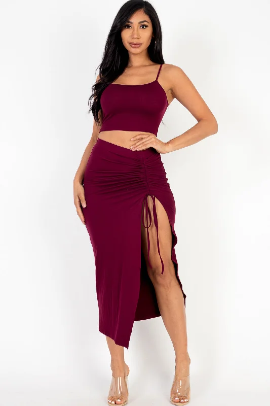 Midi Skirt Set with Cami Crop Top and Ruched Side Split Hem Front Pockets Side Pockets Patch Pockets