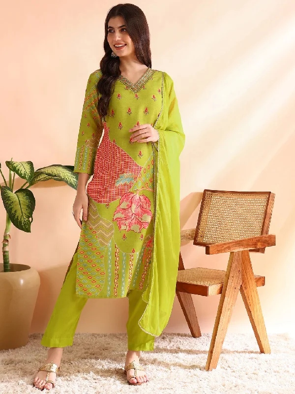 Women's Green Silk Blend Ethnic Motifs Printed Straight Kurta Trousers With Dupatta - Ahika Trousers luxurious high-end