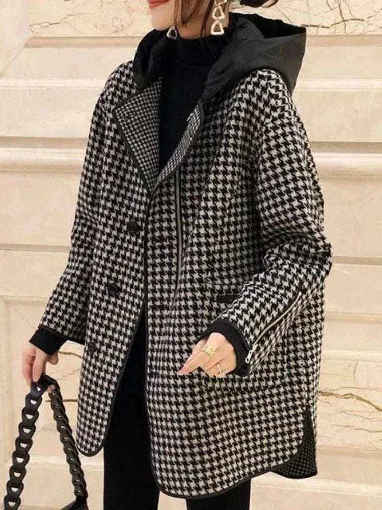 Advbridge Jackets for Women Spring Autumn New Korean Fashion Spliced Hooded Outerwear Plaid Women's Coat Loose Casual Female Clothing Corduroy Jacket Velvet Jacket Brocade Jacket