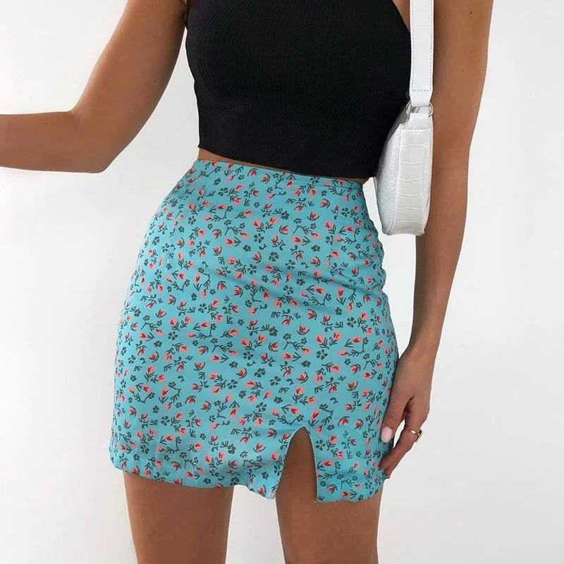 Unilateral Split Asymmetric Floral Short Skirt Female High-Waisted Thin A-Line Skirt wool skirt warm