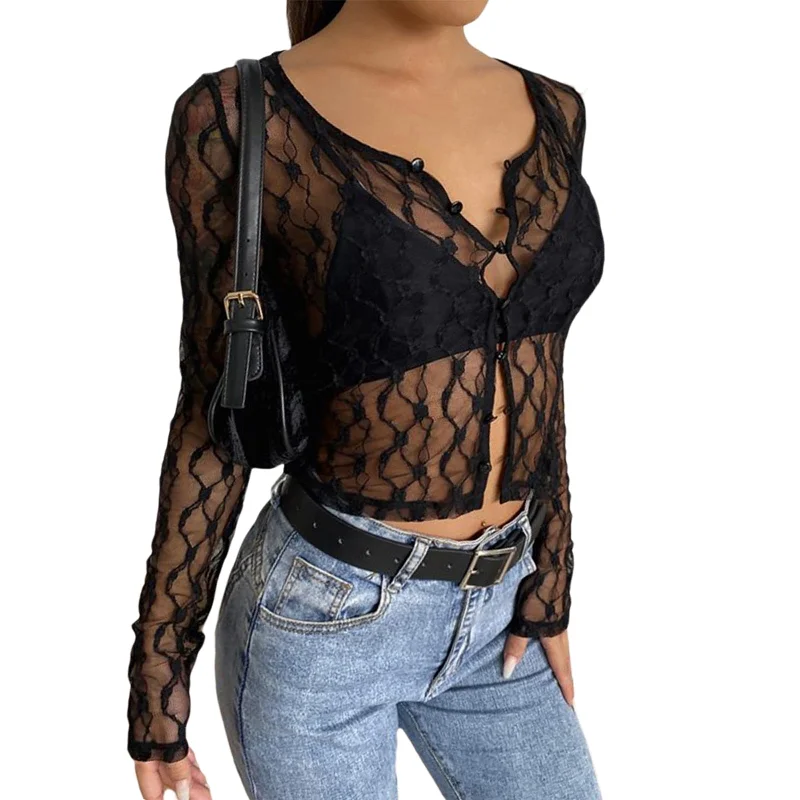 Lace Mesh Crop Top Women with Sleeves Terry Blend Velvet Blend Canvas Blend