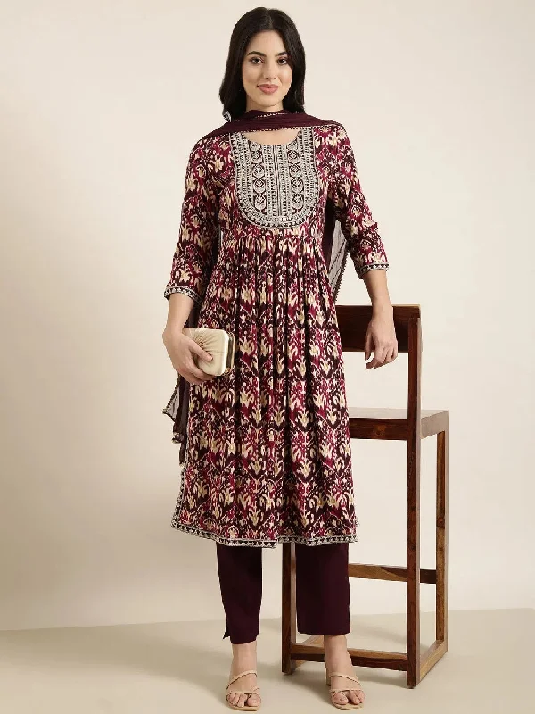 Women A-Line Burgundy Ethnic Motifs Kurta and Trousers Set Comes With Dupatta-RJF-053-Burgundy Trousers stylish elegant