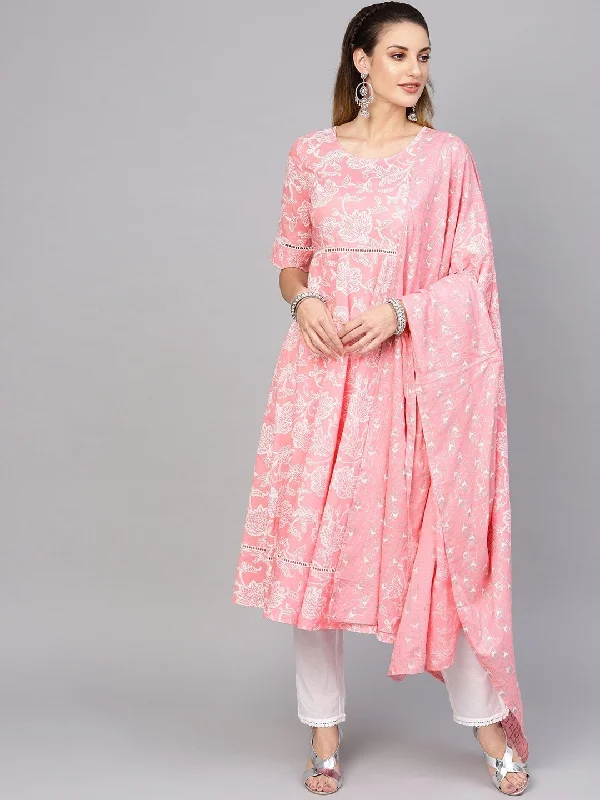 Women's  Pink & White Khari Print Kurta with Trousers & Dupatta - AKS High Waist Slim Fit Ankle Length