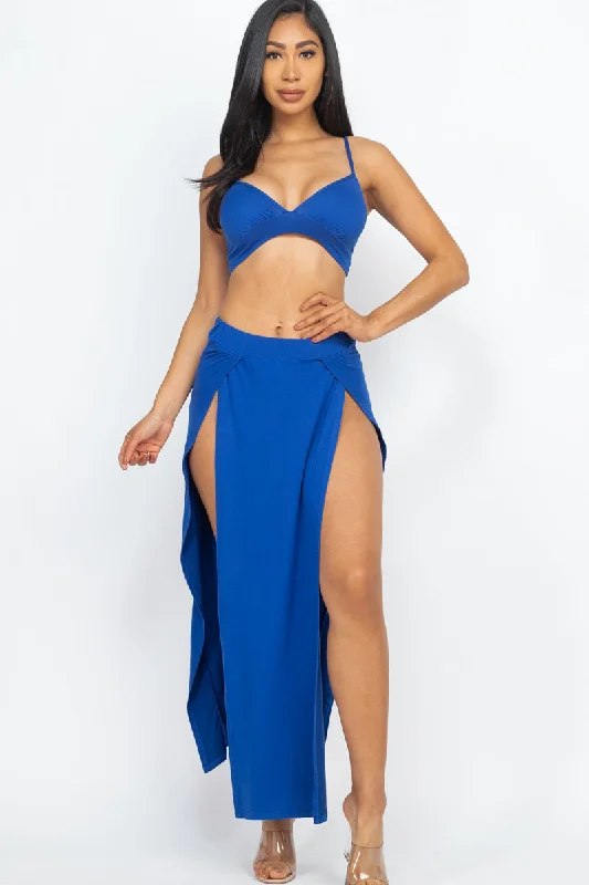 Convertible Crop Top with Side-Slit Maxi Skirt Spandex Blend Rayon Blend Denim Blend