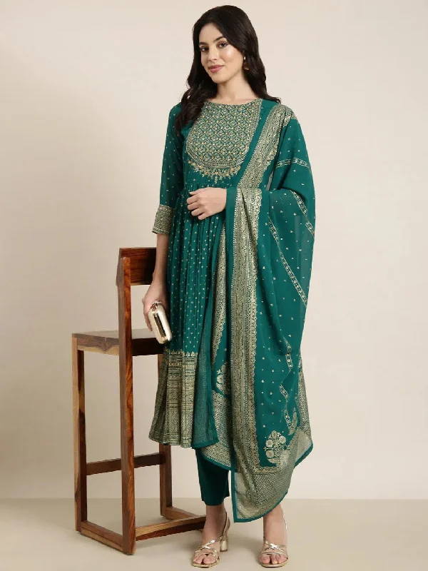 Women Anarkali Green Ethnic Motifs Kurta and Trousers Set Comes With Dupatta-BC-SK-1859-Green Trousers chic fashionable