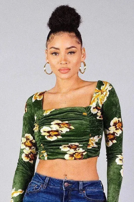 Ruched Velvet Floral Back Tie Crop Top Elasticated Padded Insulated