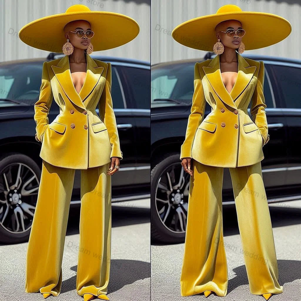 Velvet Yellow Women Suits Pants Set 2 Piece Blazer+Trousers Formal Prom Dress Wedding Tuxedo Customized Office Jacket Coat Print Jacket Jacquard Jacket Patchwork Jacket