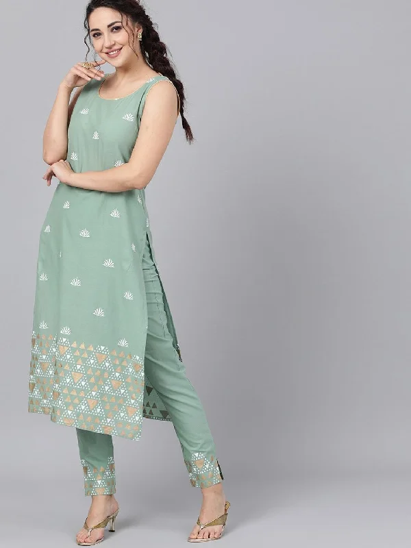 Women's  Sea Green Khari Printed Kurta with Trousers - AKS Trousers Elastic Waist Soft