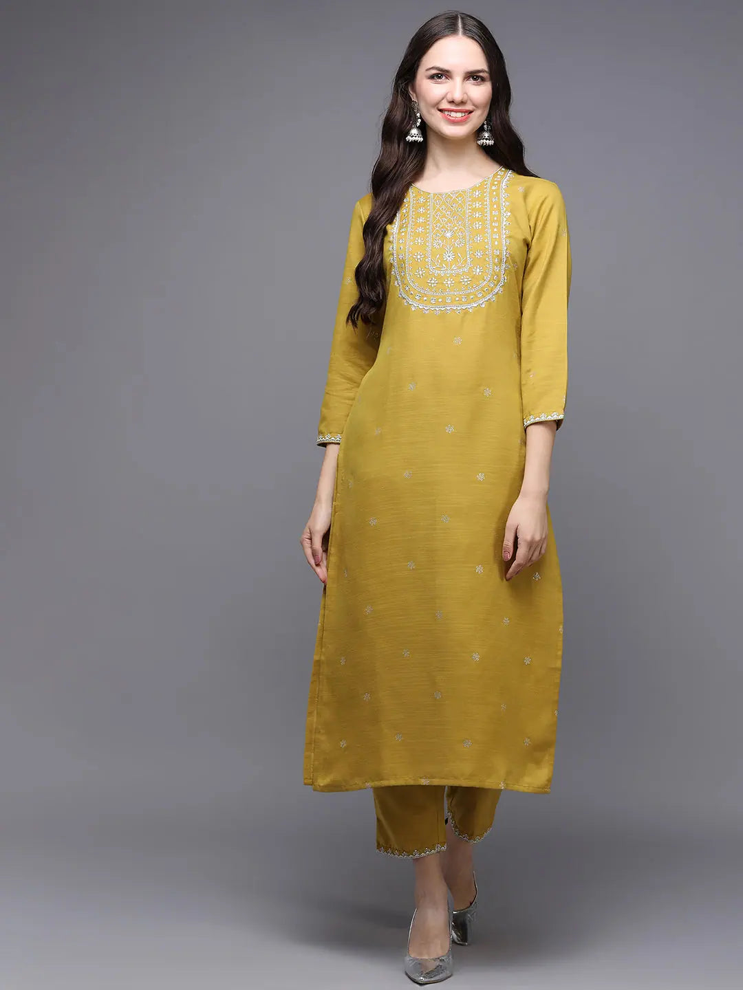 Silk Blend Yellow Embroidered Straight Kurta With Trouser-VKSET1456_XS Trousers Handmade Artisanal