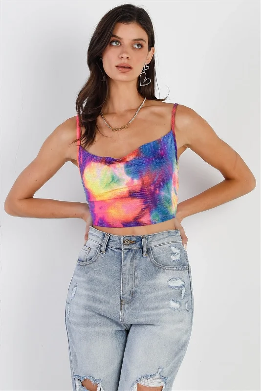 Multi Color Neon Tie-dye Lurex Cowl Neck Sleeveless Crop Top Mesh Canvas Denim