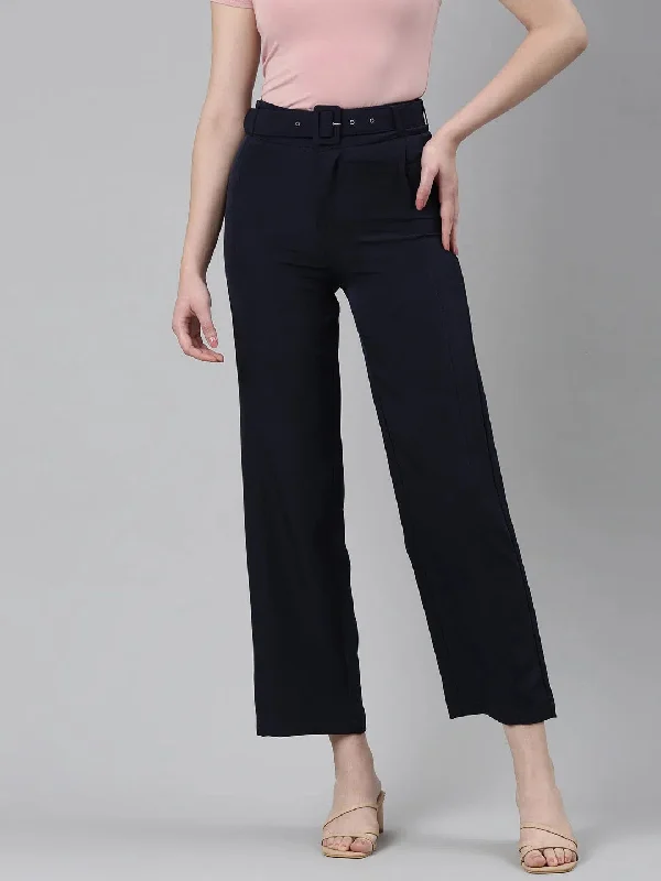 Women Navy Blue Solid Formal Trouser-LT-KN-504-Navyblue Trousers Wedding White