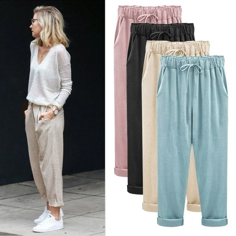 ZOGAA Women Harem Pants Casual Ankle Length Trousers Solid Elastic Waist Cotton Linen Pants Harem Loose Pants Big Size S-6XL Trousers Leisure Comfortable